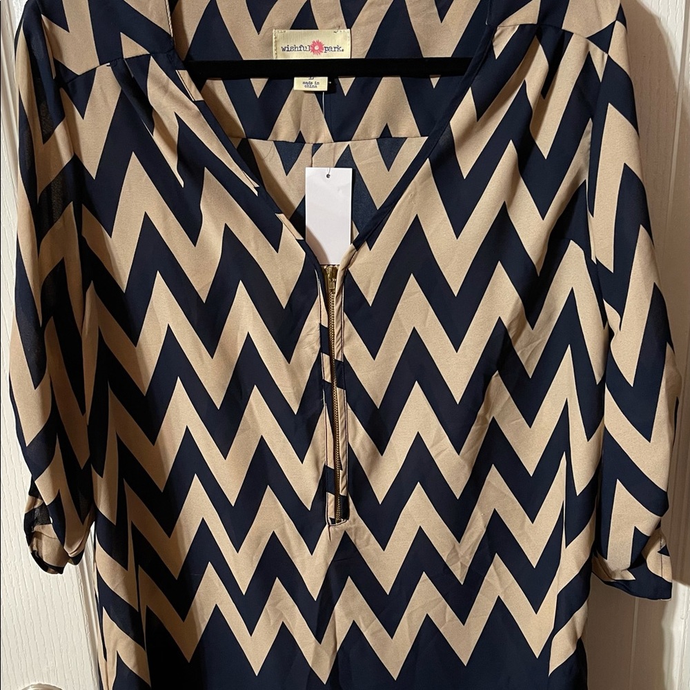 Chevron Blouse in Navy and Tan